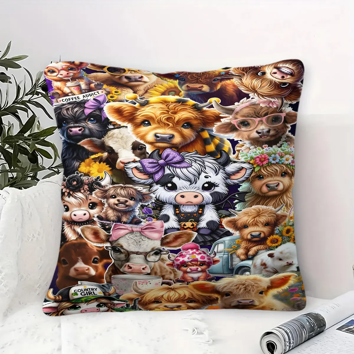 Cute Highland Cow Print Throw Pillow, Soft and Comfortable Cushion, Home Decorative Cushion, Featuring A Cartoon Design, Holiday Gift, Office Or Home DéCor, Suitable for Sofas, Beds, More (1 Piece, Includes Insert; 6 Patterns Available)