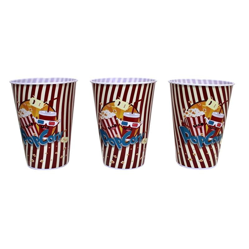 3-Pack Retro Style Plastic Popcorn Containers - 7" Tall x 5" Top Diameter -  Popcorn Buckets for Movie Nights, ' Parties, and Snack Time (46198-A)