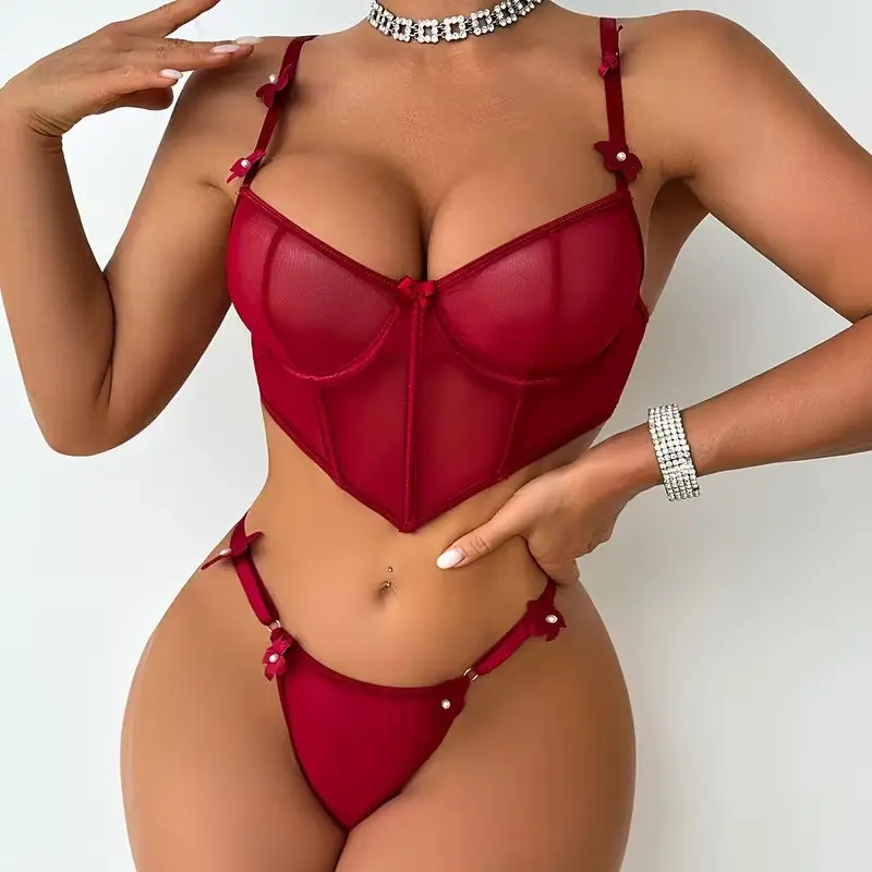 Hollow Lace Lingerie Set for Women, 3 Piece Sheer Mesh Babydoll with Suspender Belt, Soft Wireless Sleepwear for Date Night, Soft Breathable Lingerie, Glamour Lingerie Set