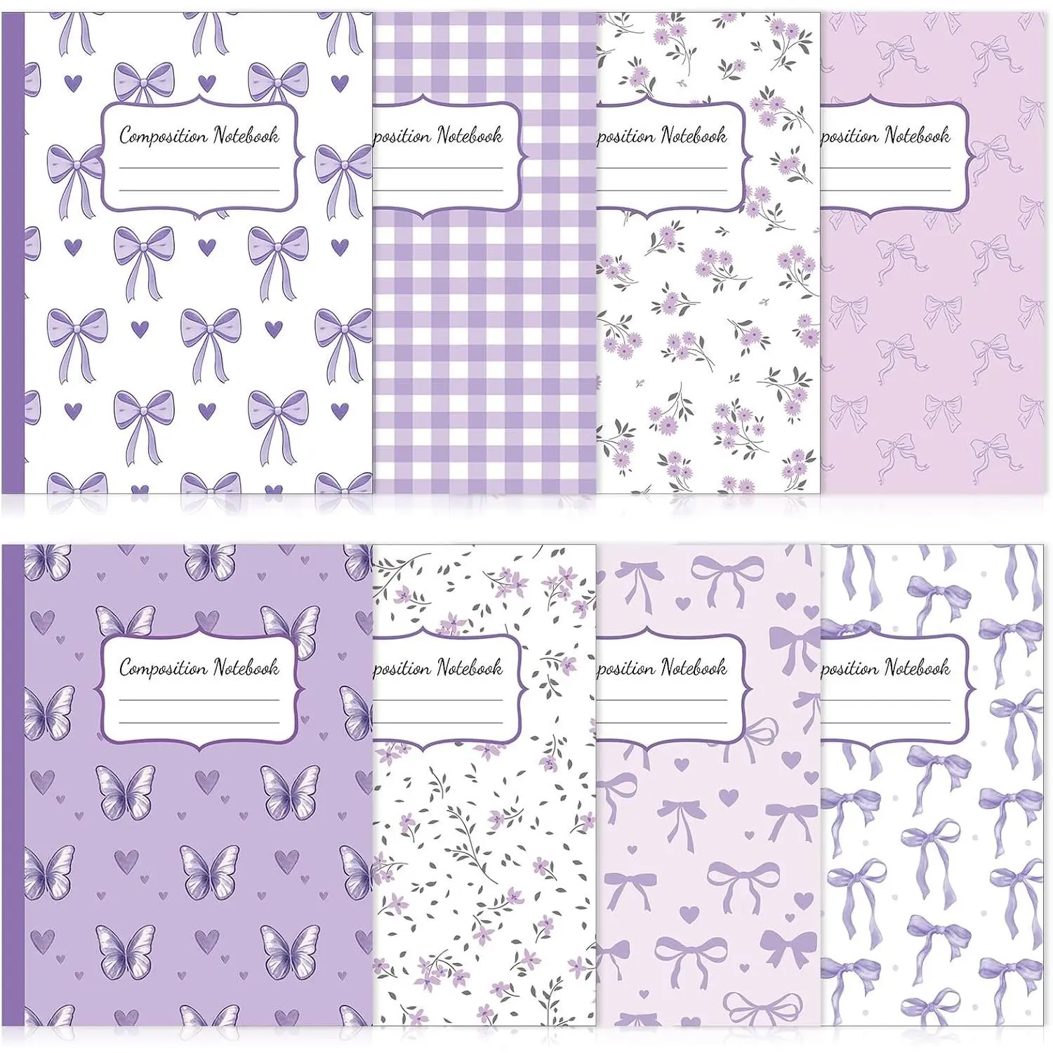 8-Pack Bow Pattern College Rule Notebooks Bulk, 100 Pages, 9.7x7.5 Inch Cute Aesthetic Journal, Student Gifts, Gifts for Students, Office Supplies for Teachers