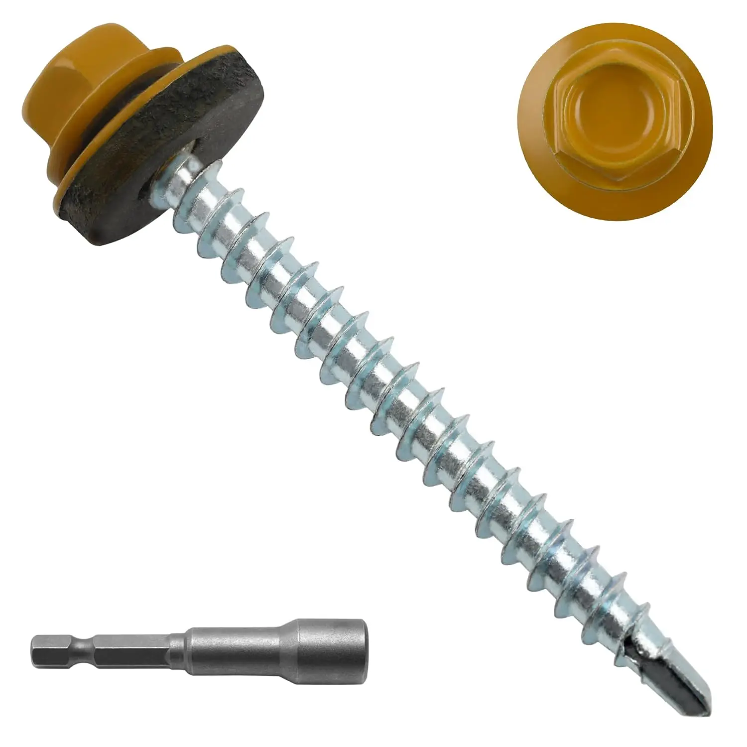 200pcs # 10 x 2 Yellow Hex Head Self-Drilling Metal Roofing Screws, EPDM Washer, Colored Head, Wood Screws, Sheet Metal Roof Screw with Hex Driver Bit (Yellow, 2 in)