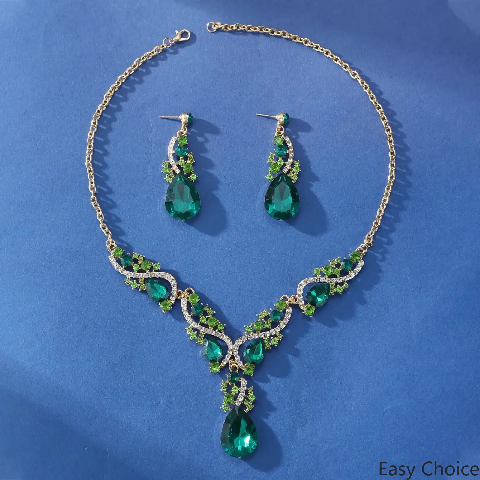 Green Emerald Rhinestone Teardrop Necklace & Crystal Dangle Earrings Jewelry Set - Aesthetic Bridal Accessory Complement for Sports Wristbands, Ideal for Wedding, Anniversary Gifting