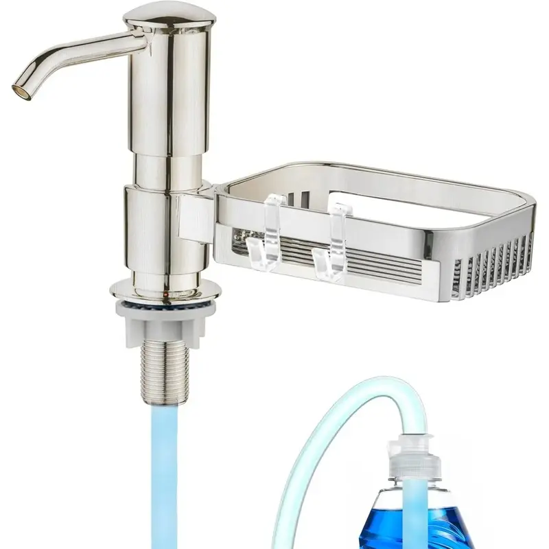 Soap Dispenser for Kitchen Sink, Built in Soap Dispenser Pump with Sponge Holder, Under Counter Brushed Nickel ABS Pump  with 38" Extension Tube Kit, Good Suction Power