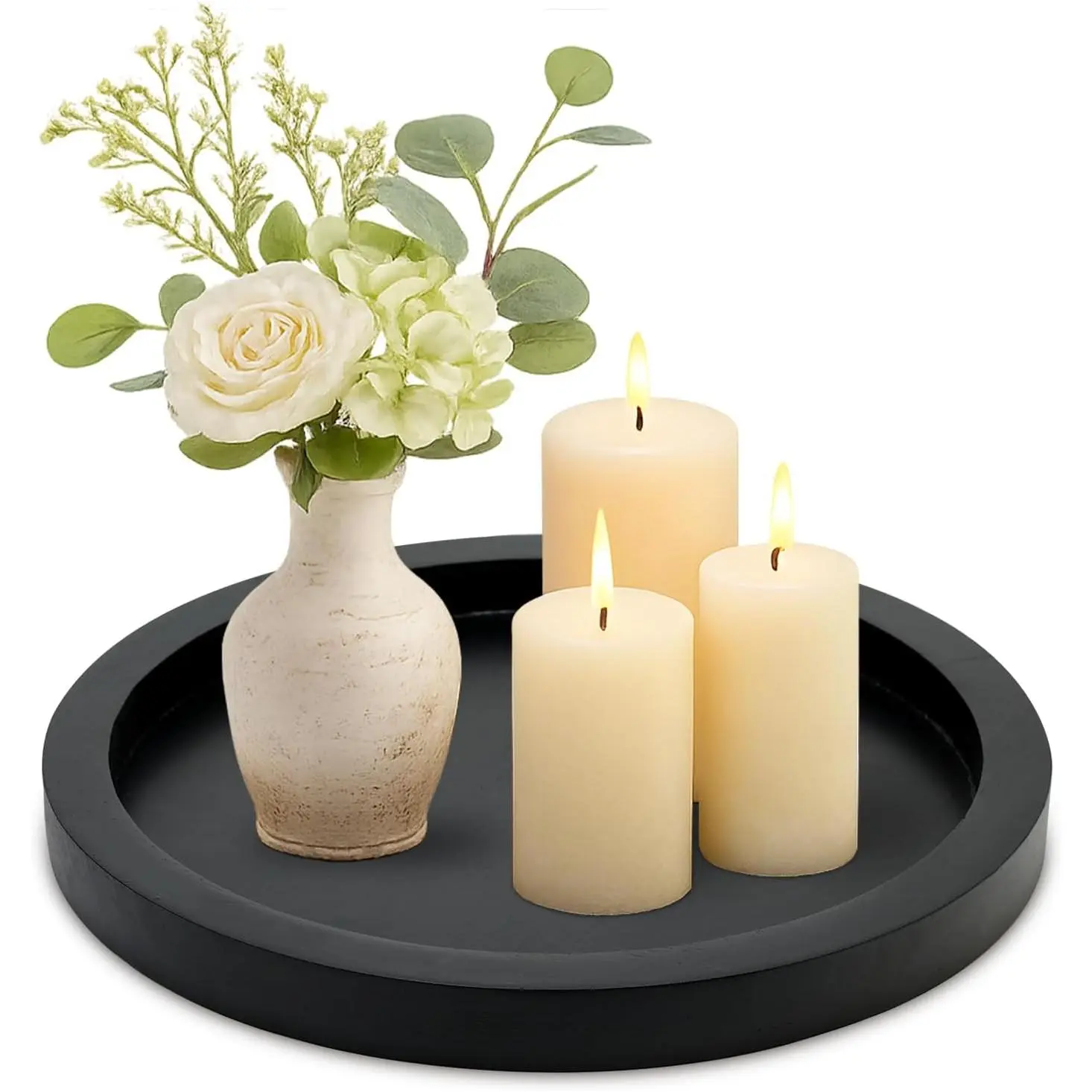 Round Decorative Tray for Coffee Dining Table Countertop Small Wooden Serving Trays  Kitchen  Living Room Decor and Bathroom Accessories Tray Black Rustic  Candle Centerpiece Trays