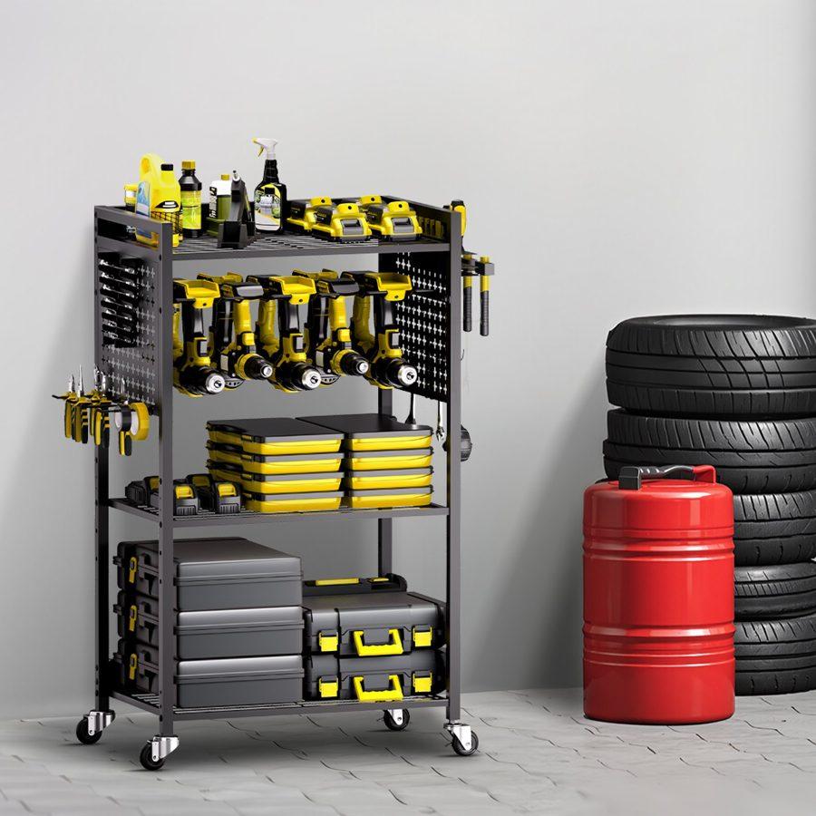 VEVOR 4-tier Tool Organizer Cart, 150 lbs Load Capacity, Floor Stand Rolling Drill Holder and Stability Storage Rack, Heavy Duty Garage Floor Rolling Storage Cart for Workshop, Garage, Black VEVOR 4-tier Tool Organizer Cart, 150 lbs Load Capacity, Floor Stand Rolling Drill Holder and Stability Storage Rack, Heavy Duty Garage Floor Rolling Storage Cart for Workshop, Garage, Black
