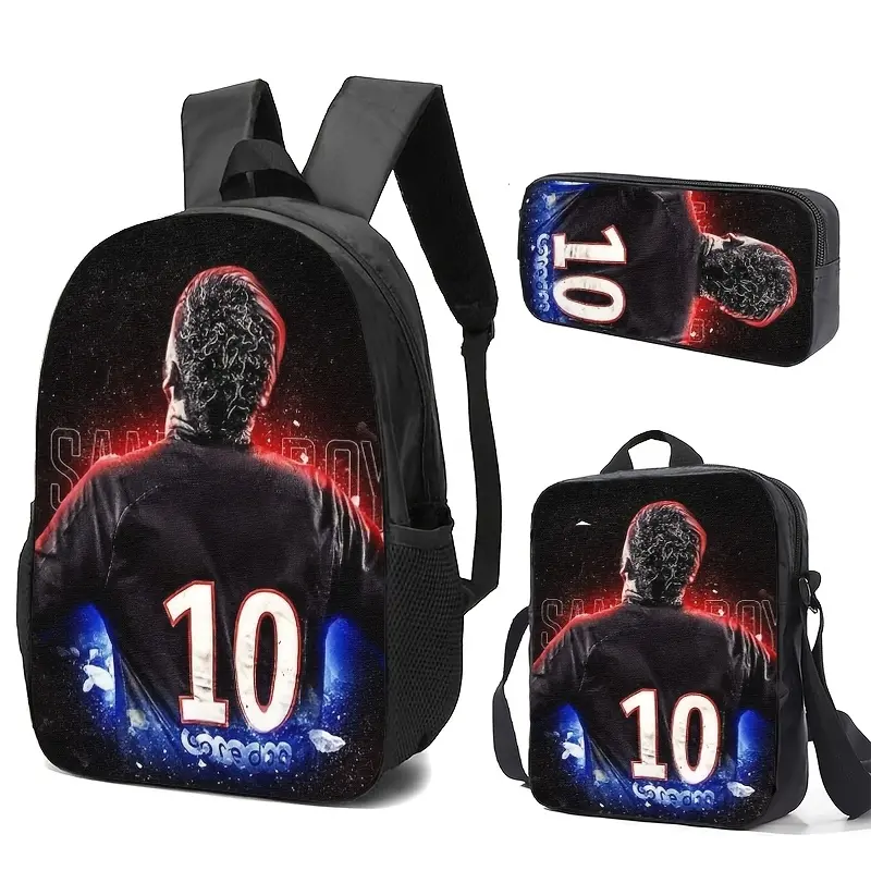 Durable Water Resistant 3-Piece Backpack Set, Backpack + Insulated Lunch Bag + Pencil Case, No.10 Football Player Neon Glow Back View Print, Breathable Padded Straps