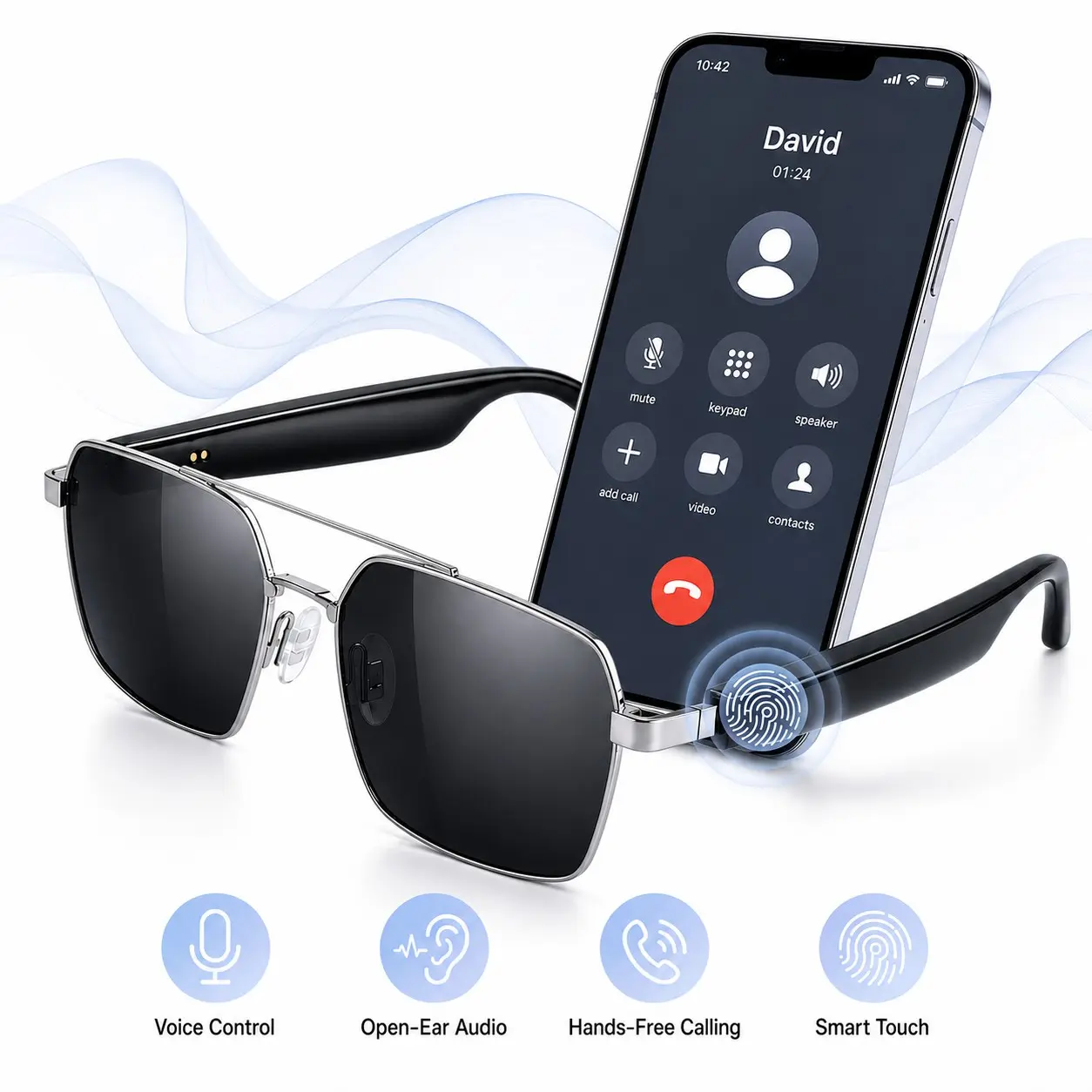 Bluetooth Smart Glasses for Men Women, Built in Speakers & Mic, Touch Control, Music Playback, Voice Control, Hands-Free Calls, UV400 Sunglasses for Driving Sports