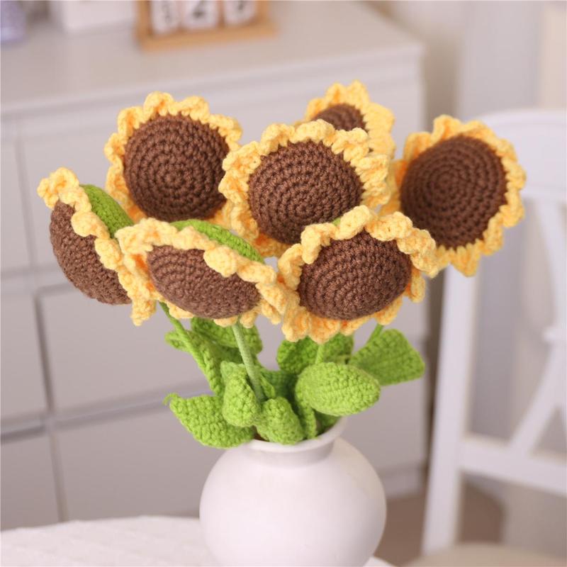 Sunflower Design Crochet Flower, 7 Counts/set Artificial Handmade Crochet Flower without Vase, Sunflower Bouquet, Home Decor for Living Room Bedroom, Summer Gifts, Crochet Artificial Flowers, Decorative Flowers