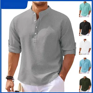 Hot Sale Spring and Autumn Long Sleeve Independent Station Long Sleeve Waffle Polo Shirt Button Plaid Men's