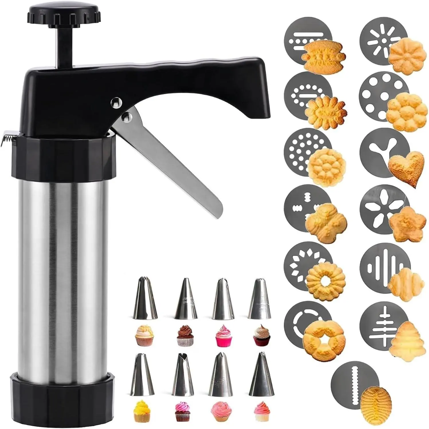 Stainless Steel Cookie Press Gun Kit, Spritz Cookie Press with 13 Discs 8 Piping Tips, Cookies Maker for Baking DIY Christmas Cookies and Decorating