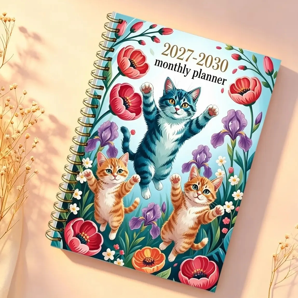 2027-2030 Monthly Planner, Cute Floral Cat A5 Spiral Notebook, 4-Year Daily Weekly Schedule Book for Women Girls, Organize Your Life Effortlessly