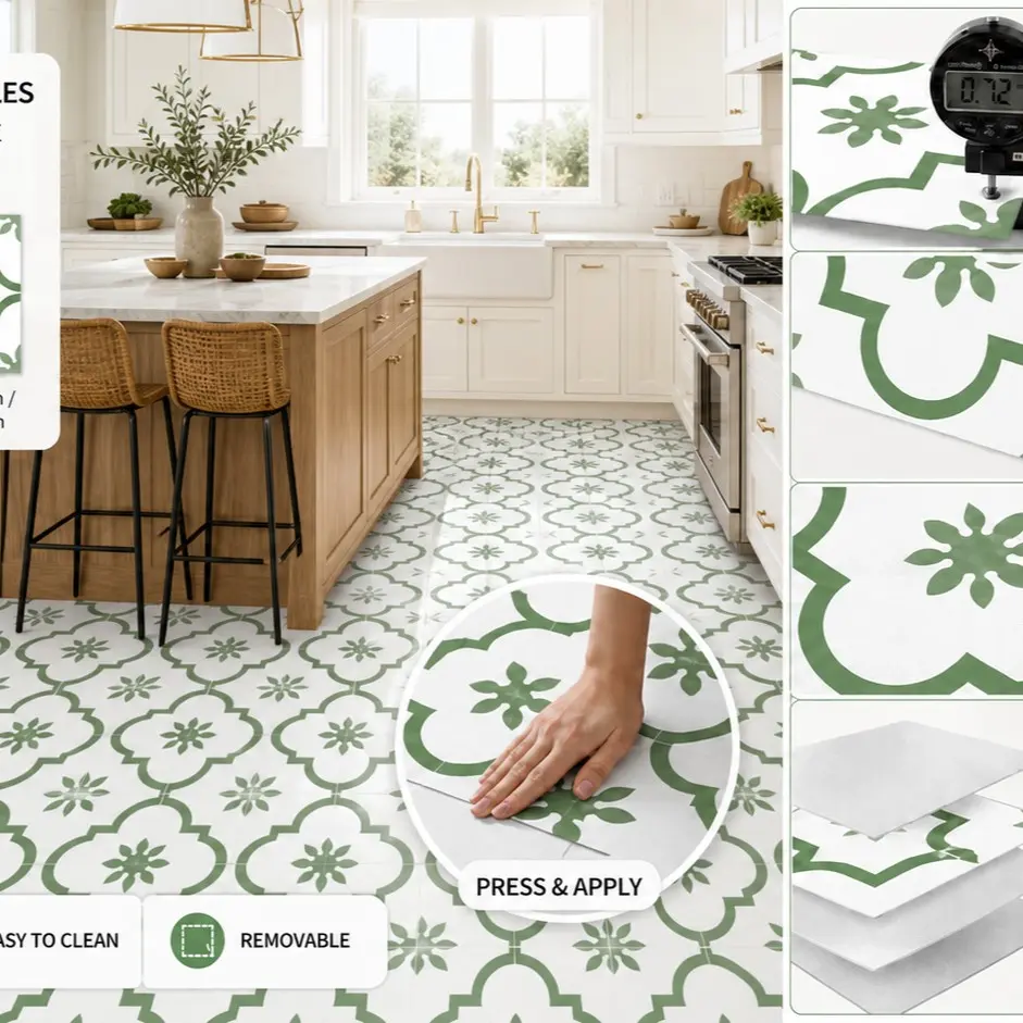 24pcs Self-Adhesive PP Floor Tiles, Waterproof, Oil-Resistant, Geometric Patterns, Ideal for Living Room, Kitchen, Bathroom, Commercial Use