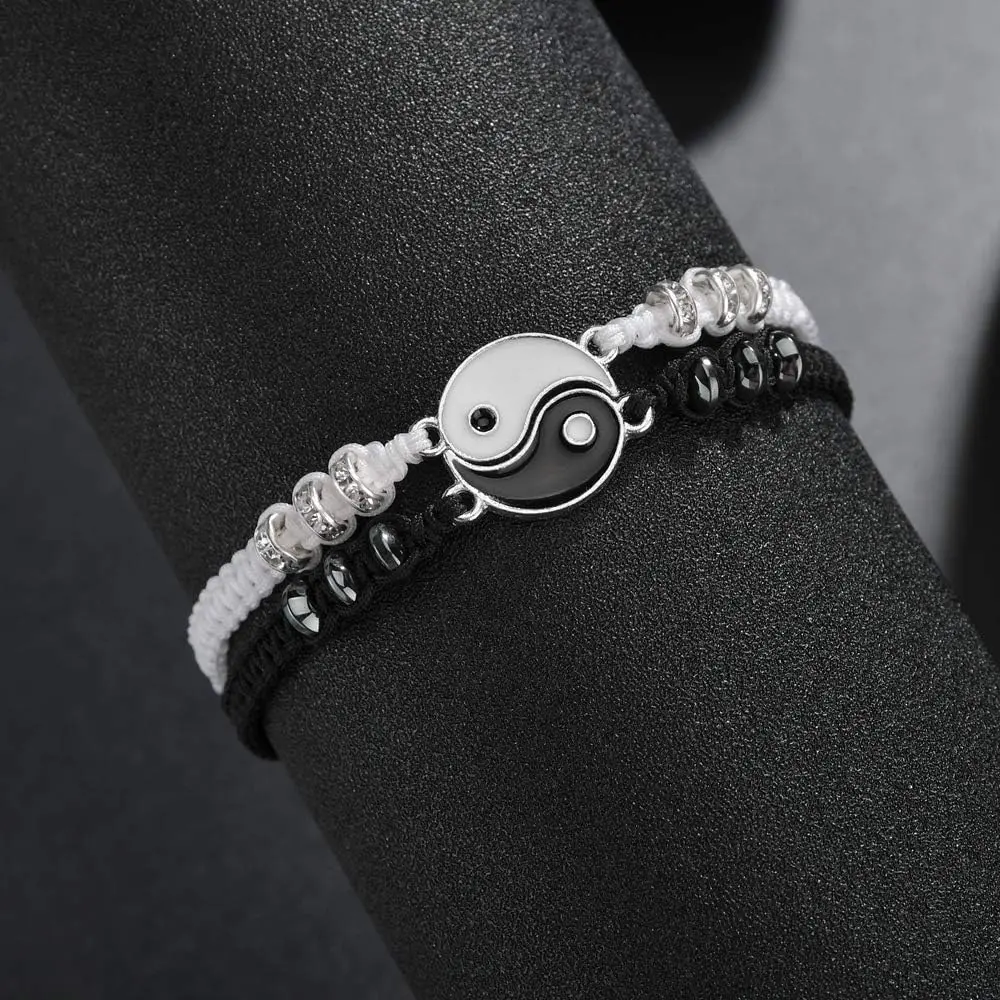 Unisex Beading Yin Yang Bangle Bracelet 2-Piece Matching Sets - Adjustable Synthetic Fabric Cord Couple Bracelets for Valentine's Day, Year-Round Wear