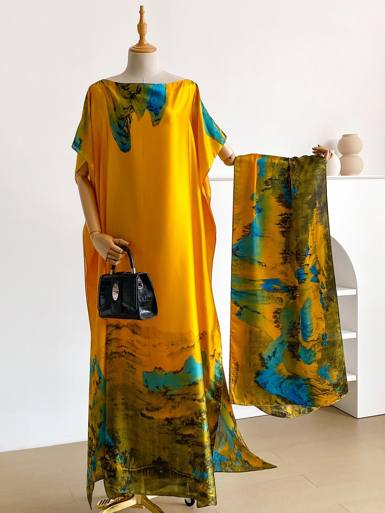 1 Piece Fashion Printed Robe Pullover Shawl moomoo Dress Long Wrap Silk Scarf Headband Ladies Womenswear Seaside Beach Sunshade Sunscreen Satin Silk Scarf