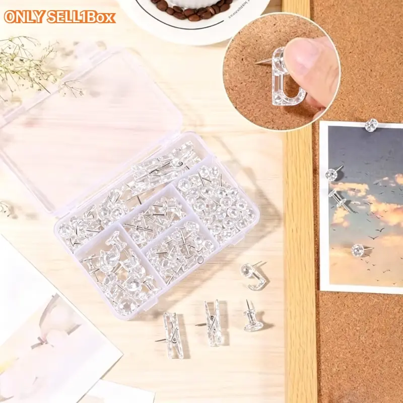 140Pcs Clear Plastic Push Pin Clip Fasteners Set, 2 In 1 Transparent Thumbtacks for Cork Board Photo Map Office Home Decor Storage