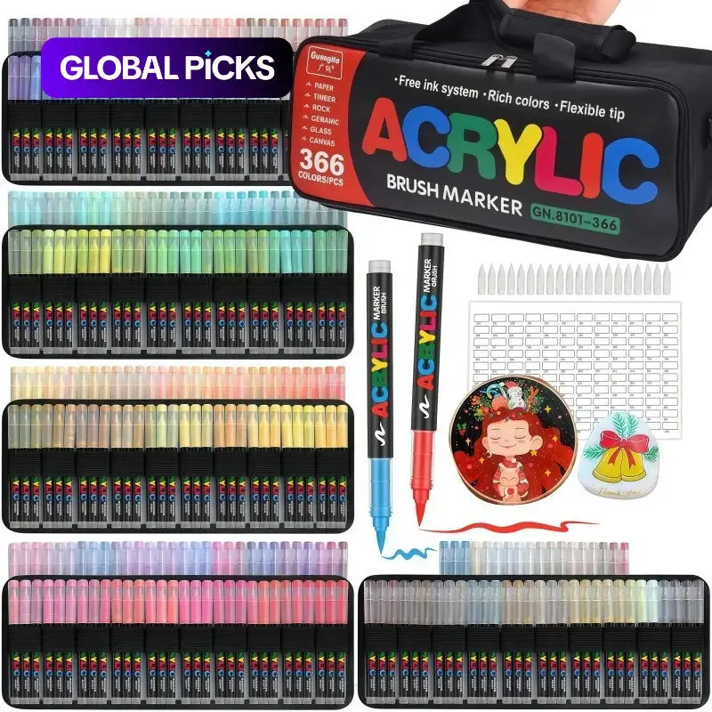 Guangna High Quality 366 Color Acrylic Markers with Soft Tips, Smooth Ink Flow for Professional and Artistic Use, Portable Storage Bag Included, Art Drawing Supplies