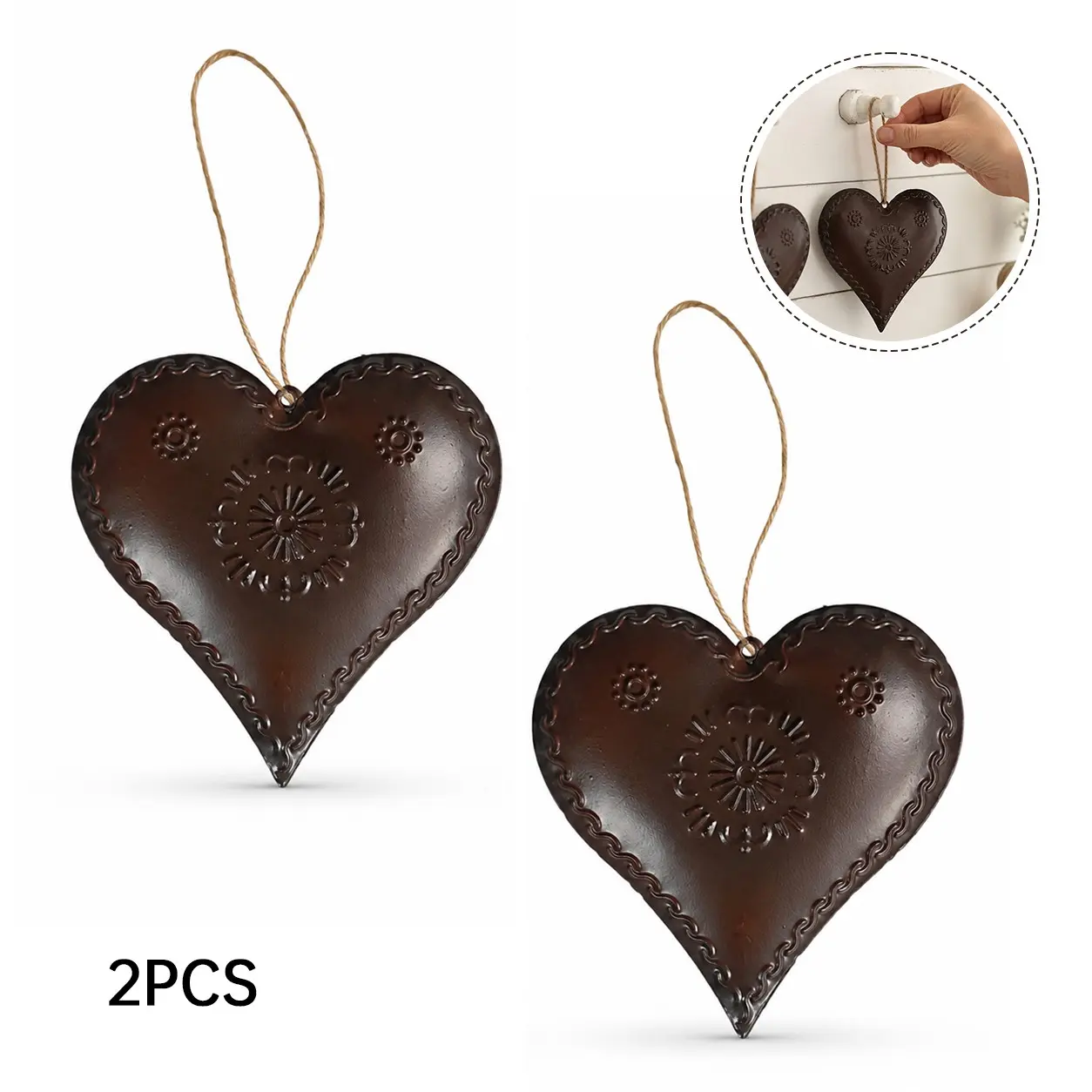 2pcs Rustic Metal Heart Wall Hanging Ornaments, Vintage Embossed Iron Heart Decor, Farmhouse Home Living Room Bedroom Decor