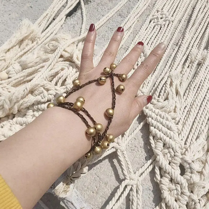 1 Piece Women Boho Antique Gold Copper Bell Slave Bracelet Adjustable Braided Hand Harness with Jingle Charms Bohemian Jewelry for Festival Beach Vacation Everyday Summer Gifts