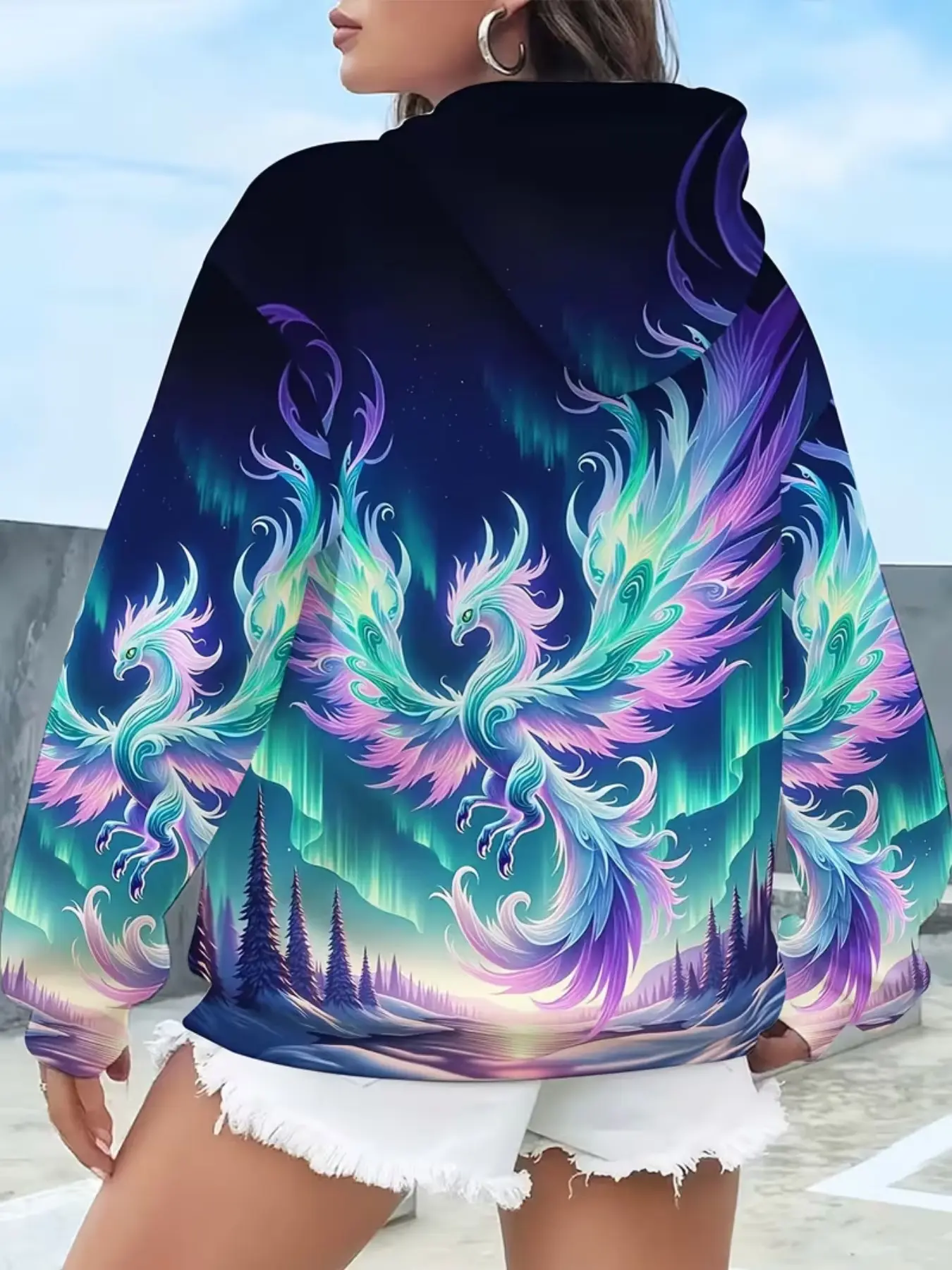 Women's Aurora Phoenix Forest Print Hoodie, Casual Long Sleeve Pullover, Comfortable Fashion Daily Wear, Loose-Fitting All Seasons