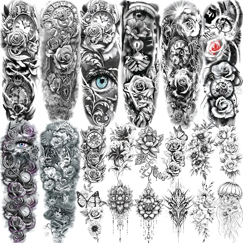20pcs Sexy Rose Flower Full Arm Temporary Tattoo Stickers, Fake Tattoos, Waterproof Realistic Tribal Design, Halloween Body Art