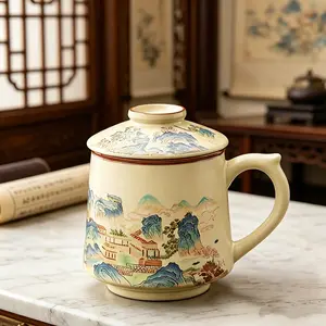 Ceramic Cup with Lid and Internal Filter, Ideal for Water, Coffee, Tea, Milk, Perfect for Home, Office, Gifts