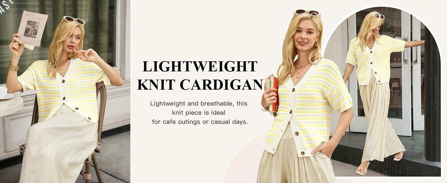 Saodimallsu Womens Short Sleeve Striped Cardigan Sweaters Crochet Knit Button Down Shirts V Neck Spring Summer Tops