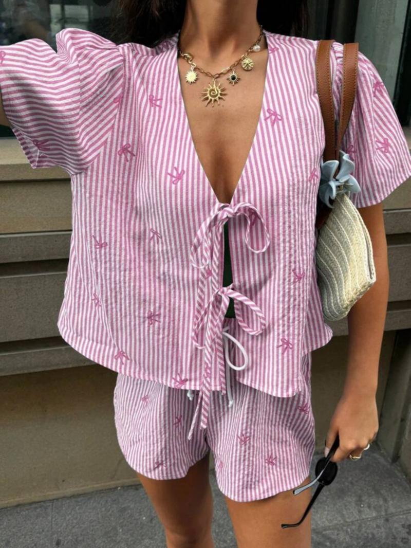 Two-Piece Set Women's Striped Print Tie Front Shirt & Shorts, Casual Short Sleeve Top & Shorts for Daily Wear, Ladies Two-piece Set for All Seasons, Clothes