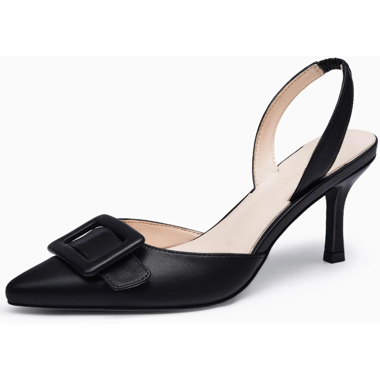 Coutgo Women's Chic Plain Breathable Casual Slingback Kitten Heels - Pointed Closed Toe, Buckle Closure, Elastic Band, 3-in Rubber Sole Pumps for Wedding, Party sohochic
