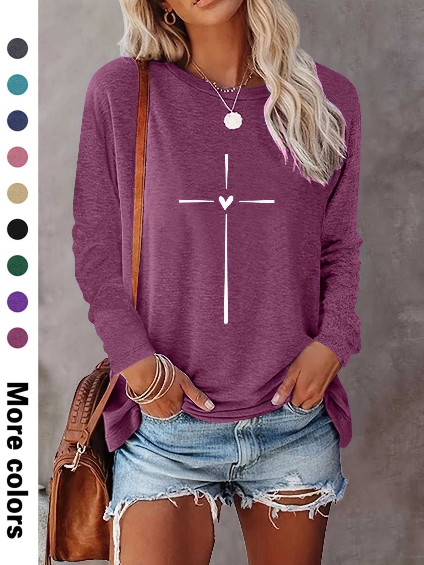 Women's Heart & Cross Print Round Neck Tee, Casual Long Sleeve Fitted Crew Neck T-shirt for Spring & Fall, Fashion Women's Top for Daily Wear Womenswear