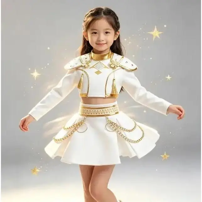Girls' Cosplay Costume, Trending White and Gold Performance Outfit, Complete Set with Shoulder Patches & Decorative Chains for Stage Shows & Parties, Costumes, Clothes