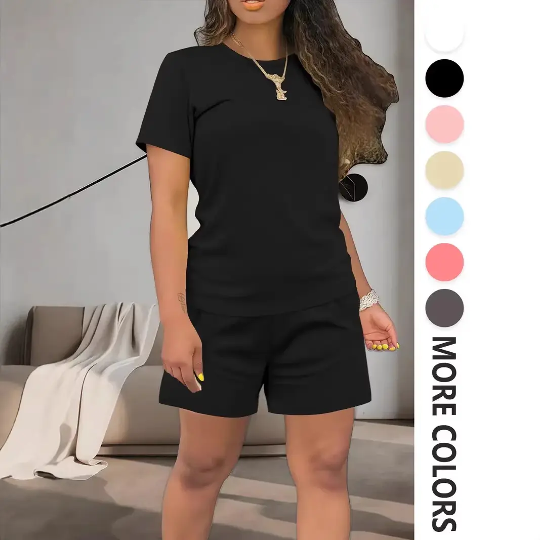 NBGRLVS 2026 Summer Women's Basic 2-Piece Sports Set, O-Neck Loose Fit Comfortable T-Shirt & Shorts, Plus Size Casual Loose Womenswear Outfit, T-Shirts, Fashion Outfit