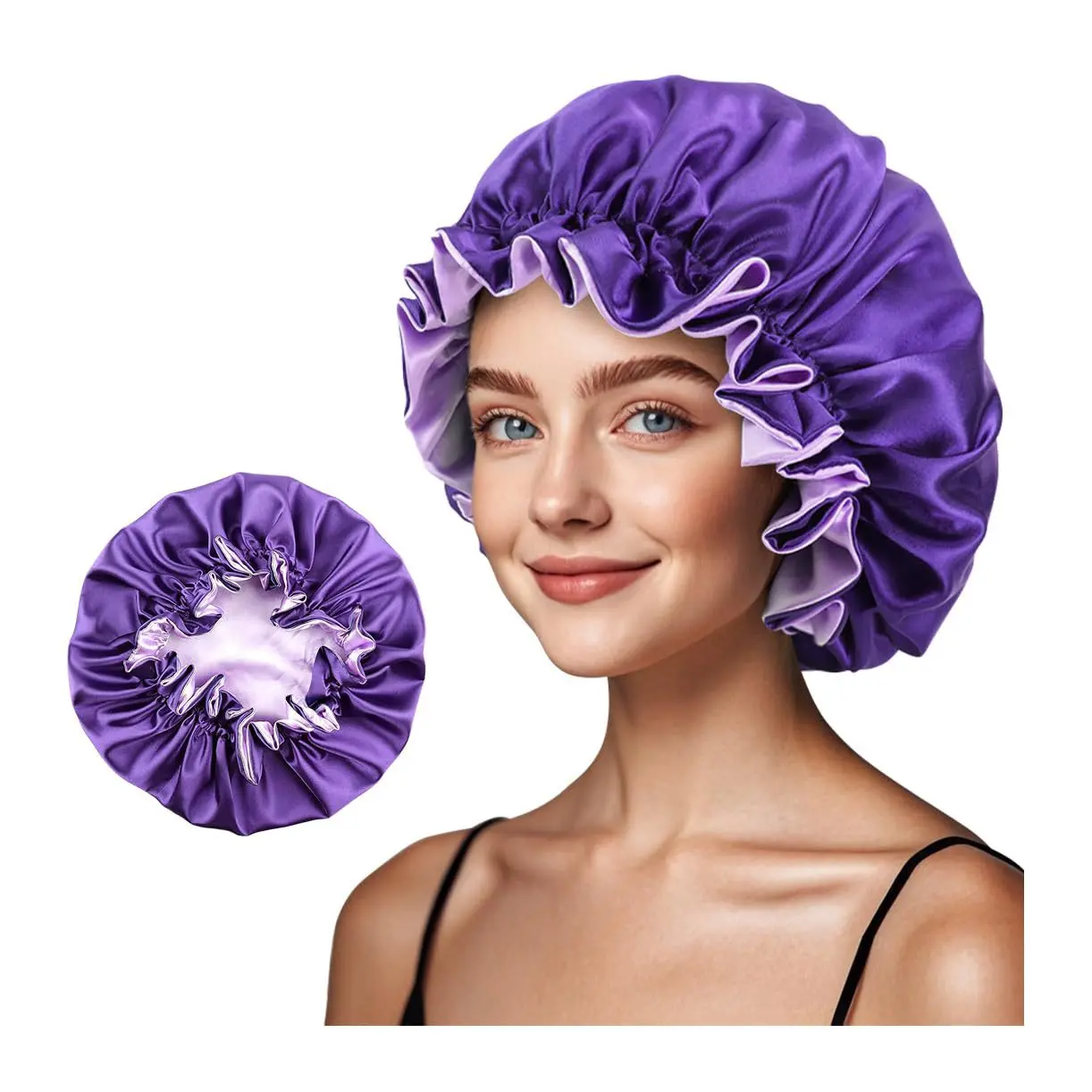 Double Layer Ruffle Satin Bonnet Hair Cap Elastic Night Sleep Hat For Hair Care Shower Makeup Hair Cover