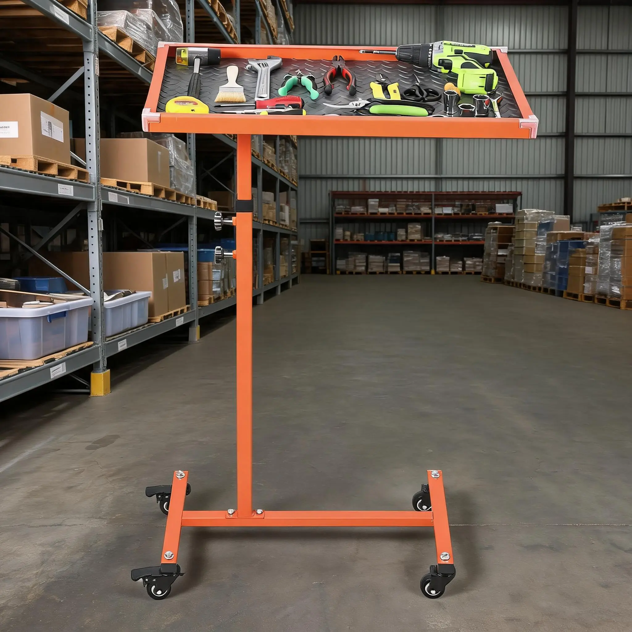 Adjustable Height Mobile Work Table, Rolling Tool Tray Cart with Lockable 360° Swivel Casters, Heavy Duty Steel Workbench for Auto Repair
