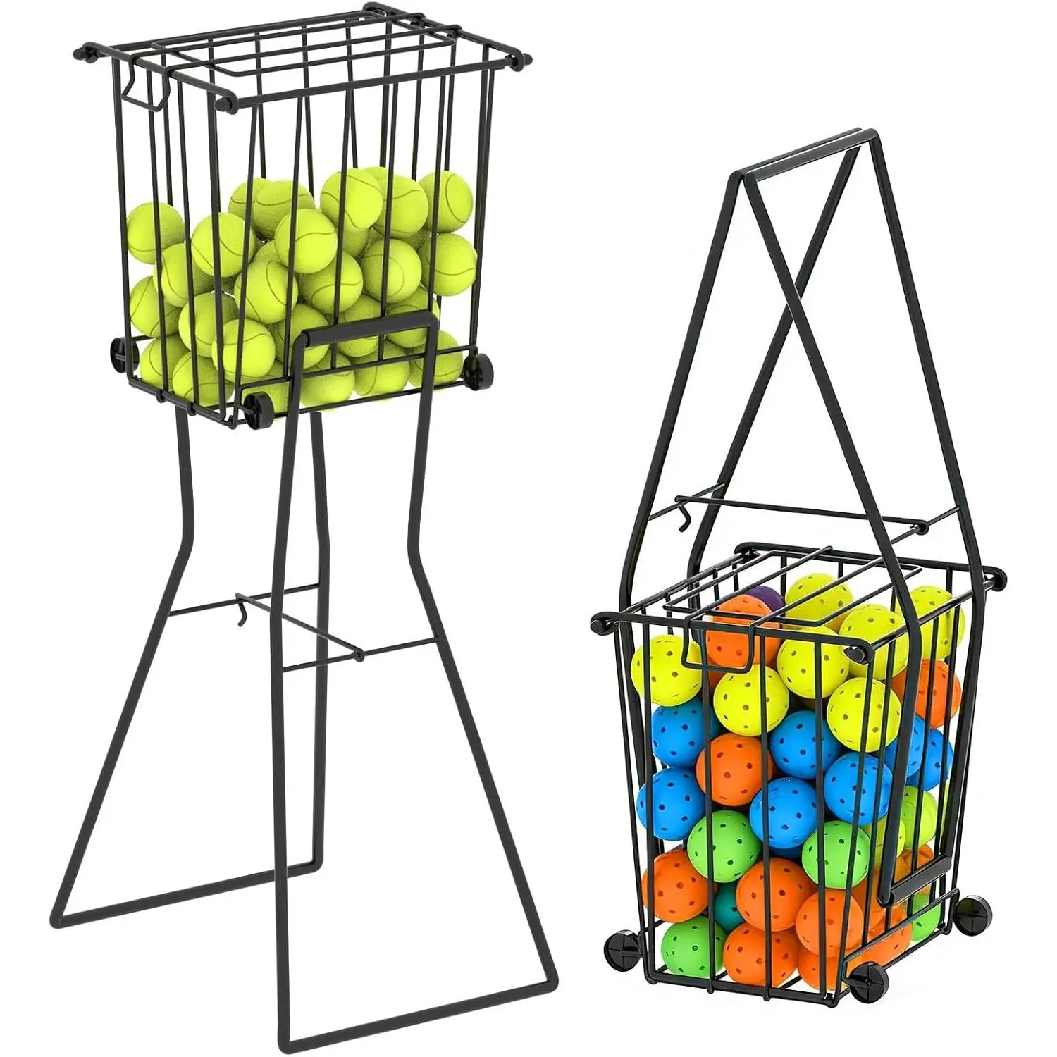 Tennis & Pickleball Hopper with Wheels – Ball Pick Up Basket, Pickleball Ball Retriever Ball Holder Storage Holds 75 Tennis Balls & 50 Pickleballs
