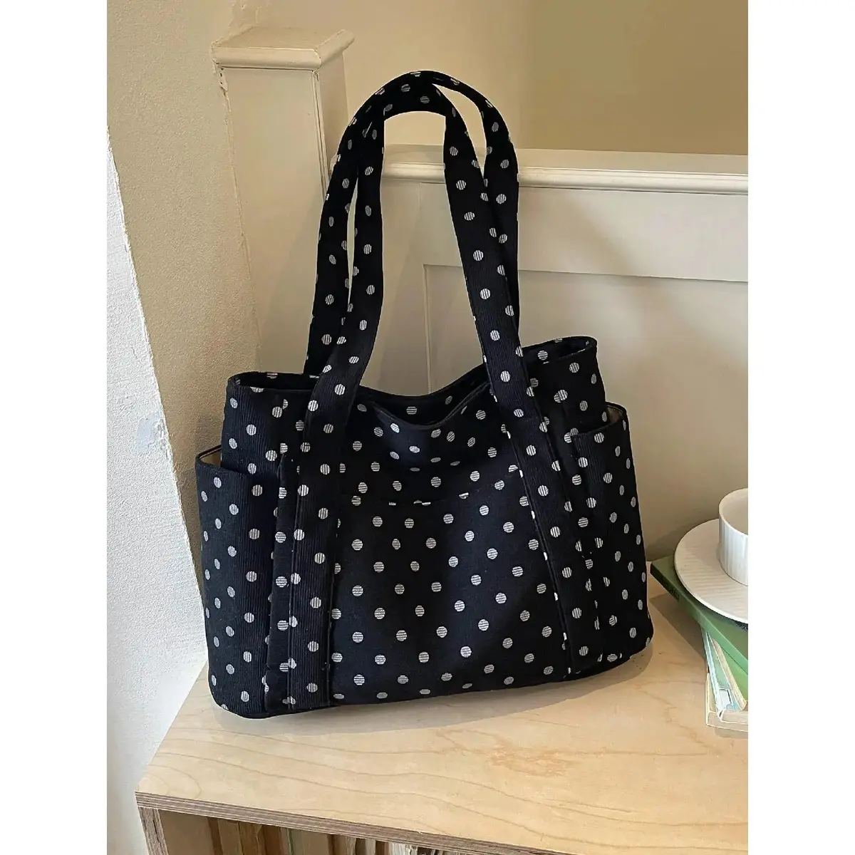 Women's Vintage Polka Dot Tote Bag - Large Capacity & Lightweight Shoulder Bag with Multiple Pockets for Work, College, One Size