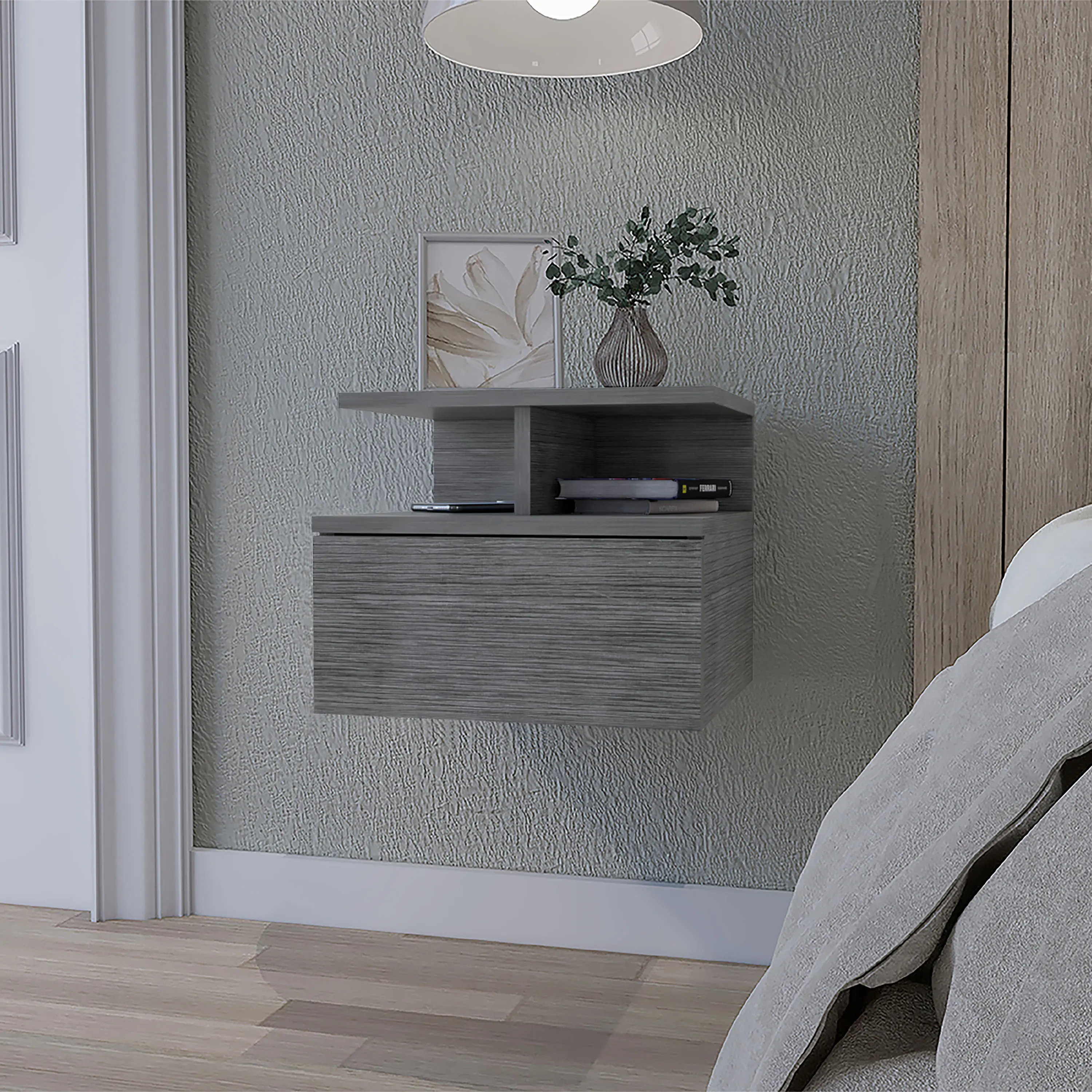 Nokaa Contemporary Floating Nightstand with Floating Base - Wall-Mounted Rectangular Engineered Wood Bedroom Side Table, 1 Drawer, 2-Tier Shelf, Smoke Finish, Compact Storage, Easy Mount, TSCA Compliant