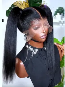 Soft No-Adhesive Pre-Pulled 13x4 Lace 30-Inch Long 180% Density Daily Yaki Tie-Front Wig, Heat-Resistant Full Lace Wig