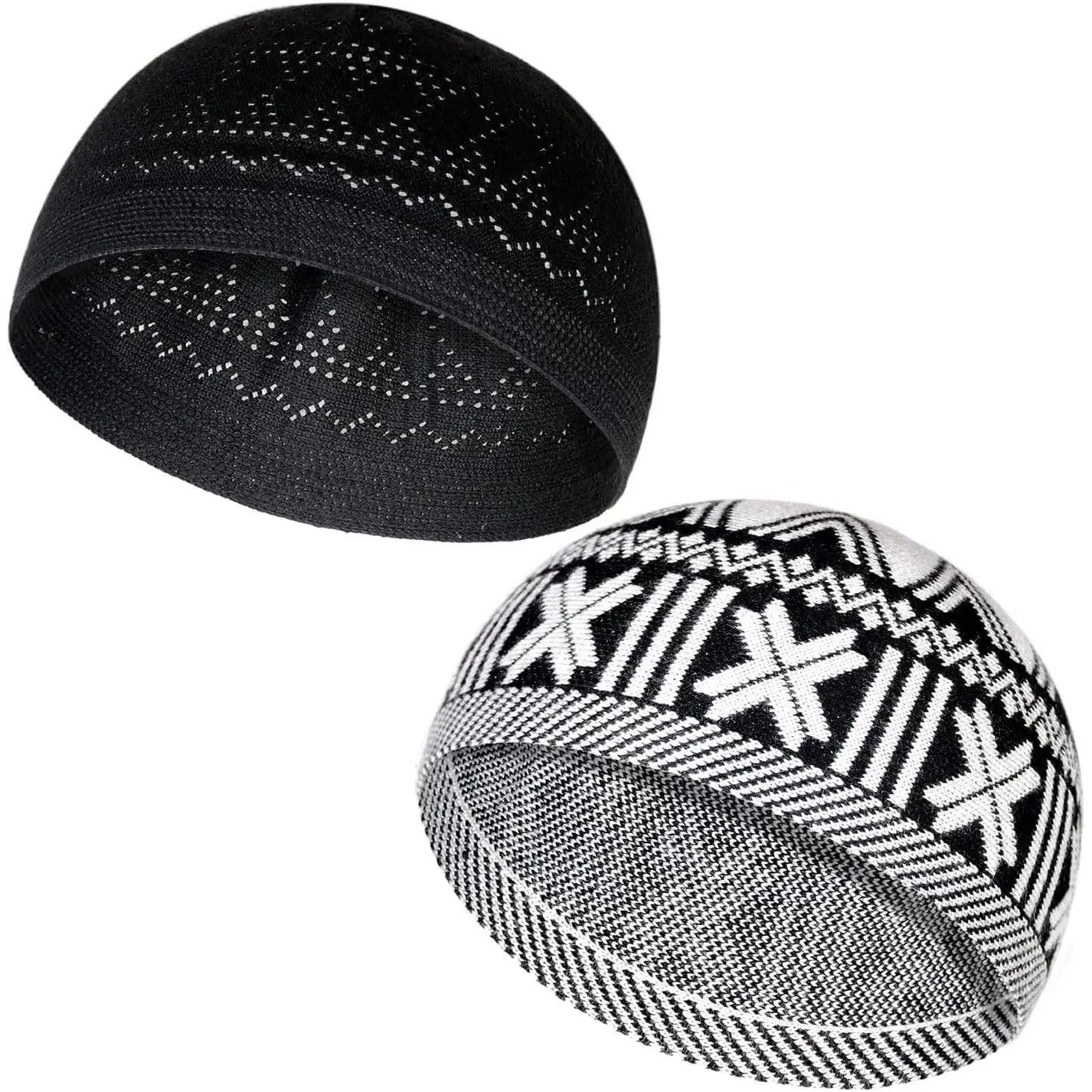 Men's Muslim Kufi Hats - Keffiyeh Skull Cap Islamic Clothing & Gifts, 2 Pack, 2 Designs, 2 Colors (Black, White & Black)Gift