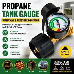 Universal Propane Tank Gauge with Valve, Pressure Indicator & QCC1/Type 1 Connector, Heavy Duty Gas Level Meter for 5–20 lb LPG Tanks, Grill, BBQ, Heater, RV Camper, Portable Outdoor Camping Fuel Monitoring Tool