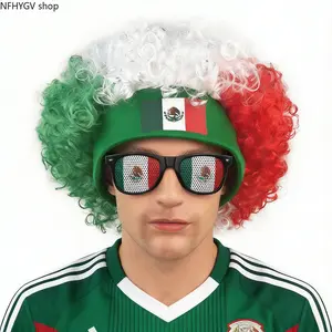 Mexico Flag Green White Red Curly Afro Wig And Flag Sunglasses Set, Eagle Emblem National Party Costume Accessory, Victory Celebration Gift For Sports Game National Day Fan Parade And Patriotic Outfit
