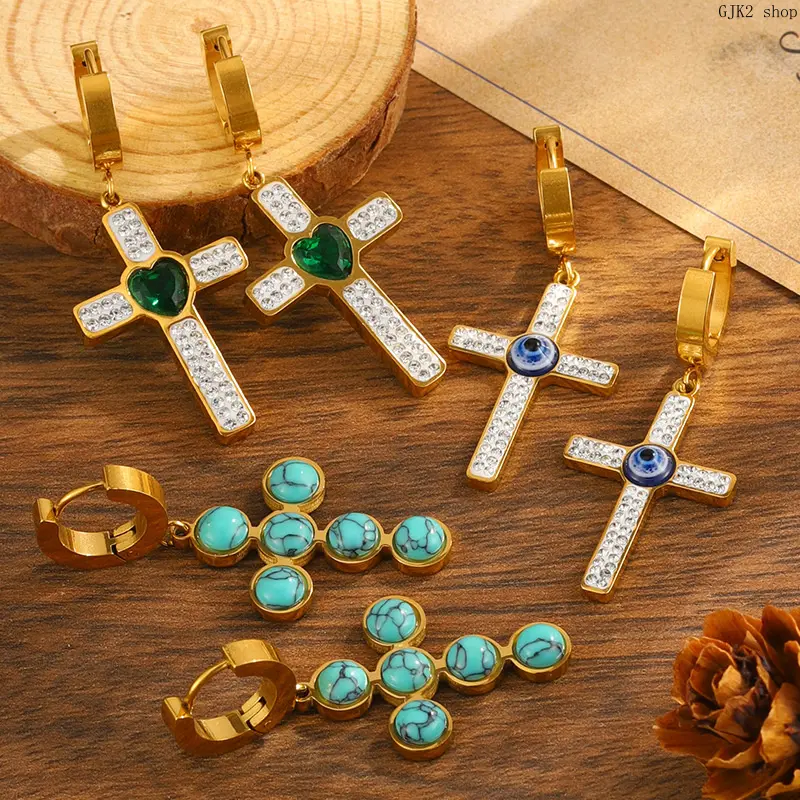 Gold‑Tone Cross Dangle Hoop Earrings, Rhinestone Heart Evil Eye Imitation Turquoise Cross Drop Earrings, Trendy Hip‑Hop Statement Earrings for Women