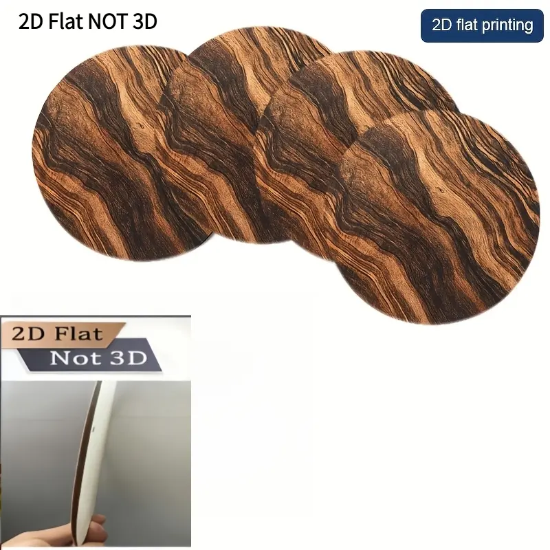 2D flat, 4 sets of warm brown wood grain 2D printed round wooden coasters, Coaster for desk, non-slip, heat-resistant, easy-to-clean, suitable for kitchens, restaurants, bars, offices, home decoration, gifts