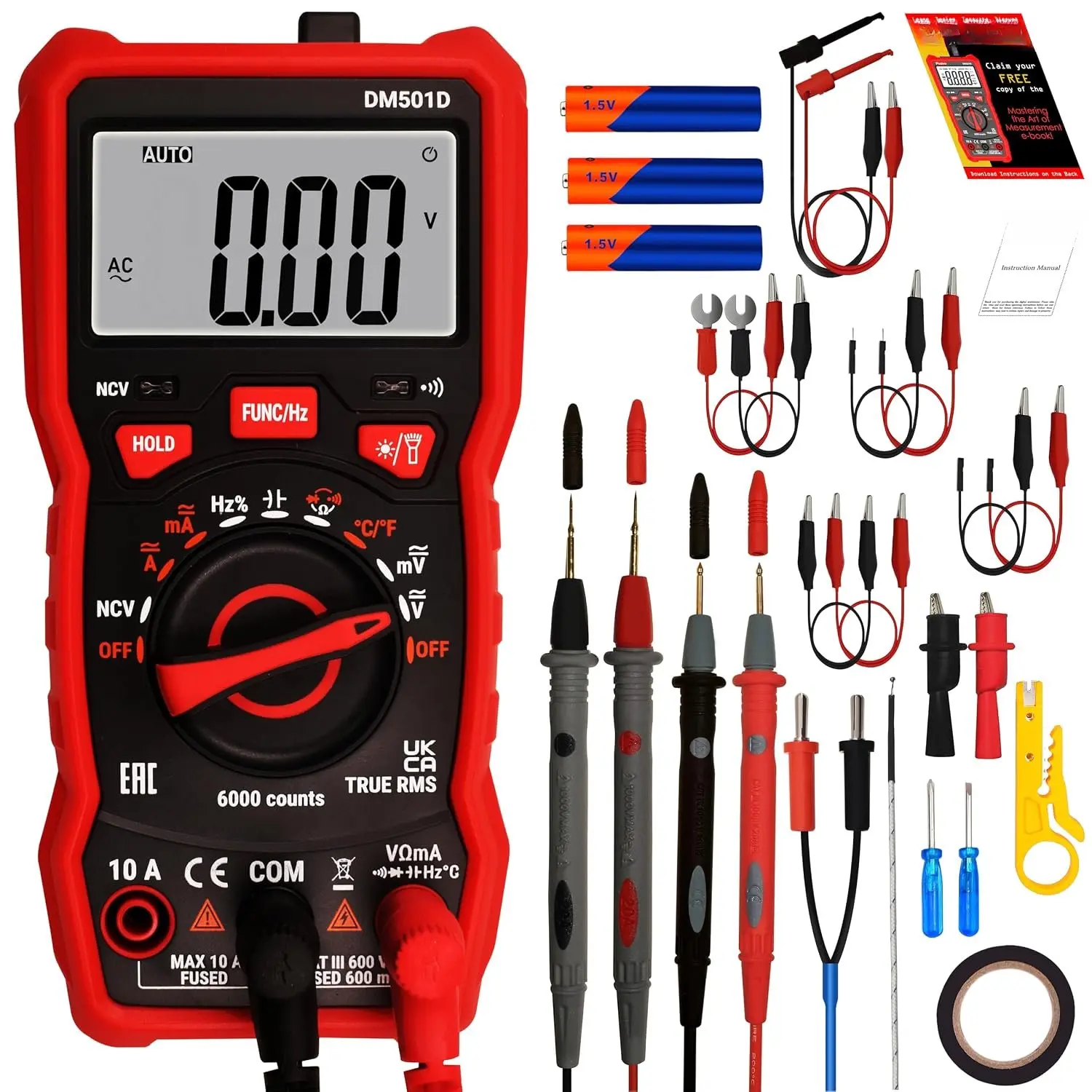 Multimeter 6000 Counts Digital Multimeter Auto Ranging TRMS AC DC Voltmeter Ohm  Amp NCV Diode Tester; Measures  Current Resistance Temperature Frequency Buzzer with Test Leads, Probes