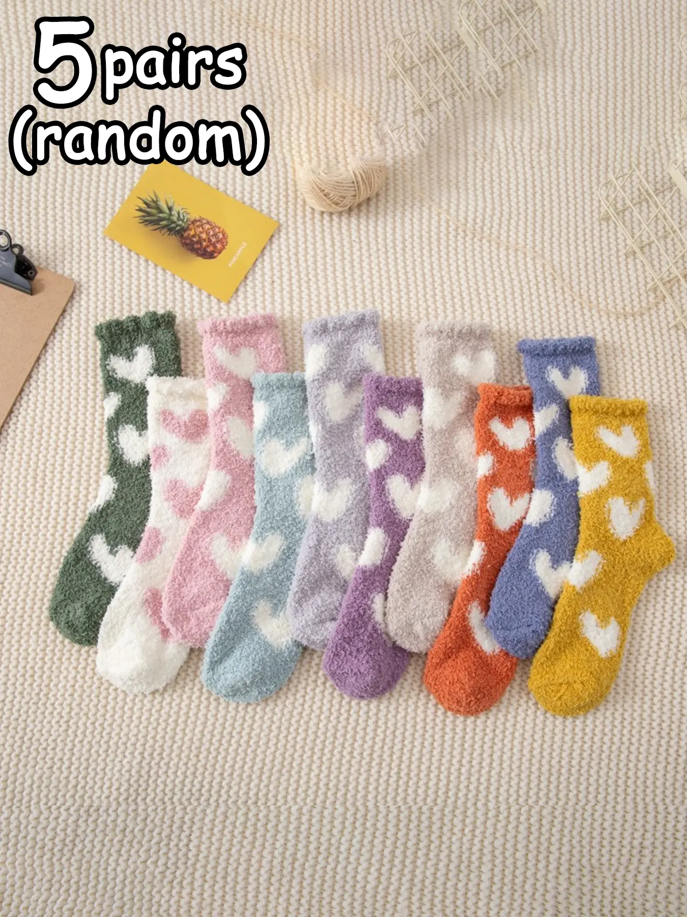 Women's Thick Plush Heart Stripe Polka Dot Floor Socks, 5 Pairs Random Colors, Warm Autumn Winter Home Wear, Fluffy Socks
