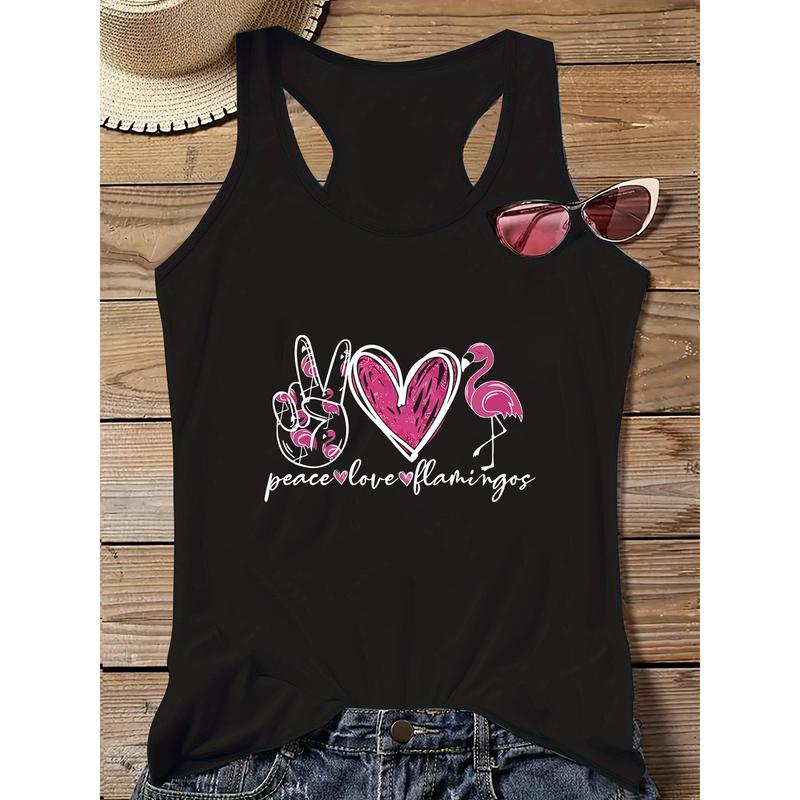 Men's Slim Fit Lightweight Sleeveless Floral Peace Love Flamingos Graphic Tank Top - Round Neck, Spandex-Rayon-Polyester Fabric, Normal Type Street Wear Vest, Machine Washable, Do Not Dry Clean