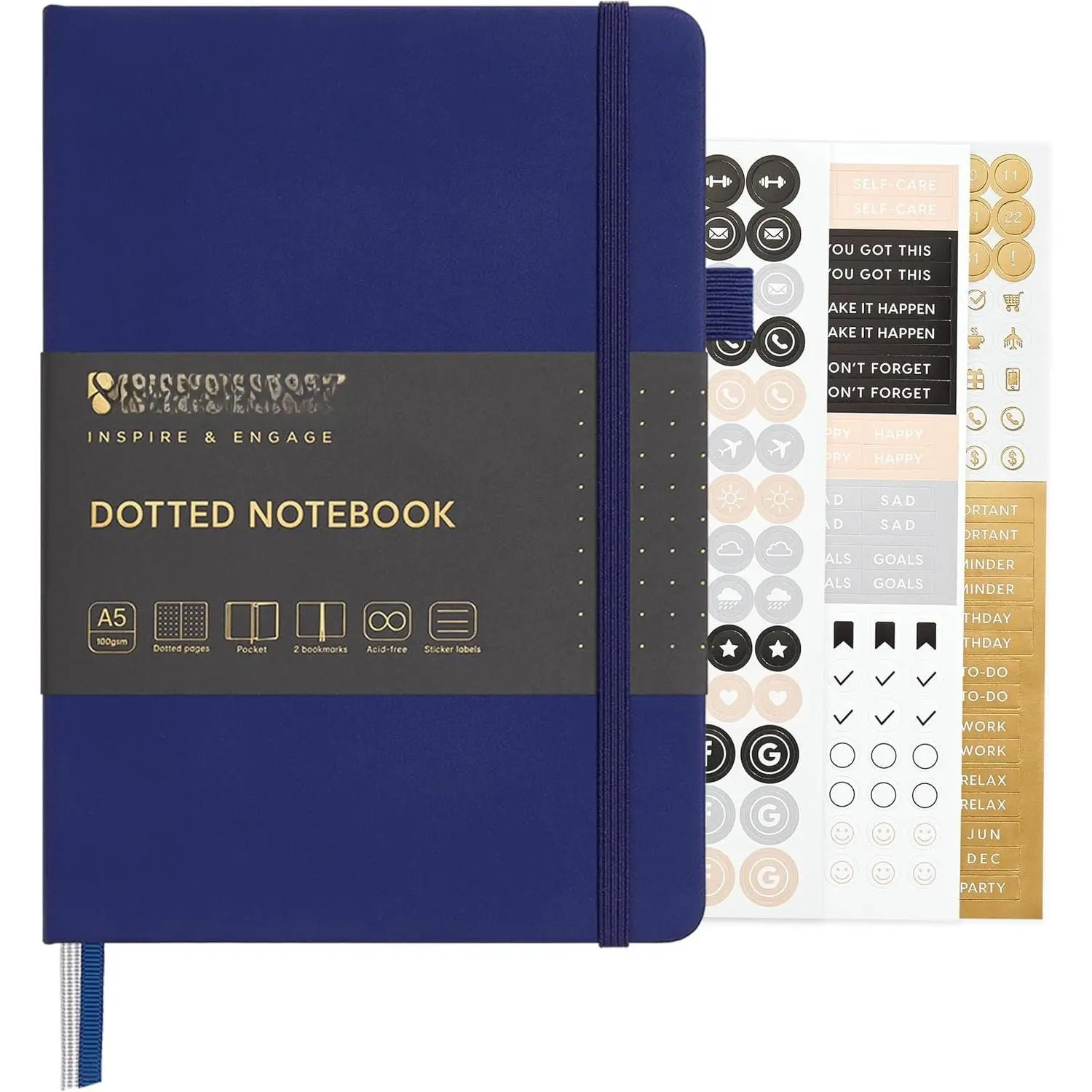 Modern Vegan Leather A5 Hardcover Dotted Journal, Dot Grid Notebook Planners with Expandable Pocket, 160 Pages 100gsm Paper, Sticker Sheets, 5.7'' x 8'' (Royal Blue), Journaling