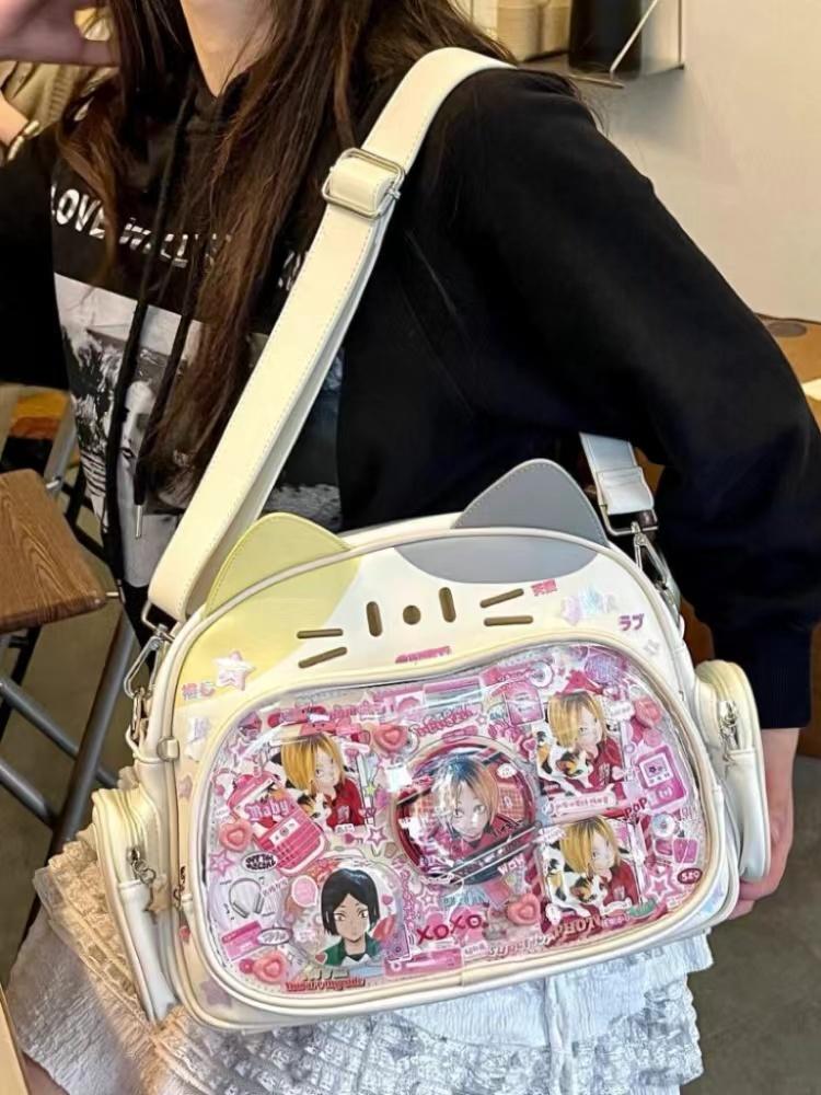 Y2K Korean Cute Cat Ita Bag Japan Kawaii PU Crossbody Bag Girls Transparent Pocket Harajuku Shoulder Bag Silver Fashion Backpack