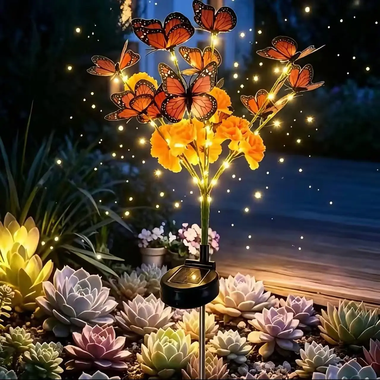 Solar Marigold & Butterfly Garden Stake Lights, Artificial Flower Solar Outdoor Lights, Decorative Yard Pathway Lights for Lawn Garden Patio and Landscape Decor, Luminous Solar Lights