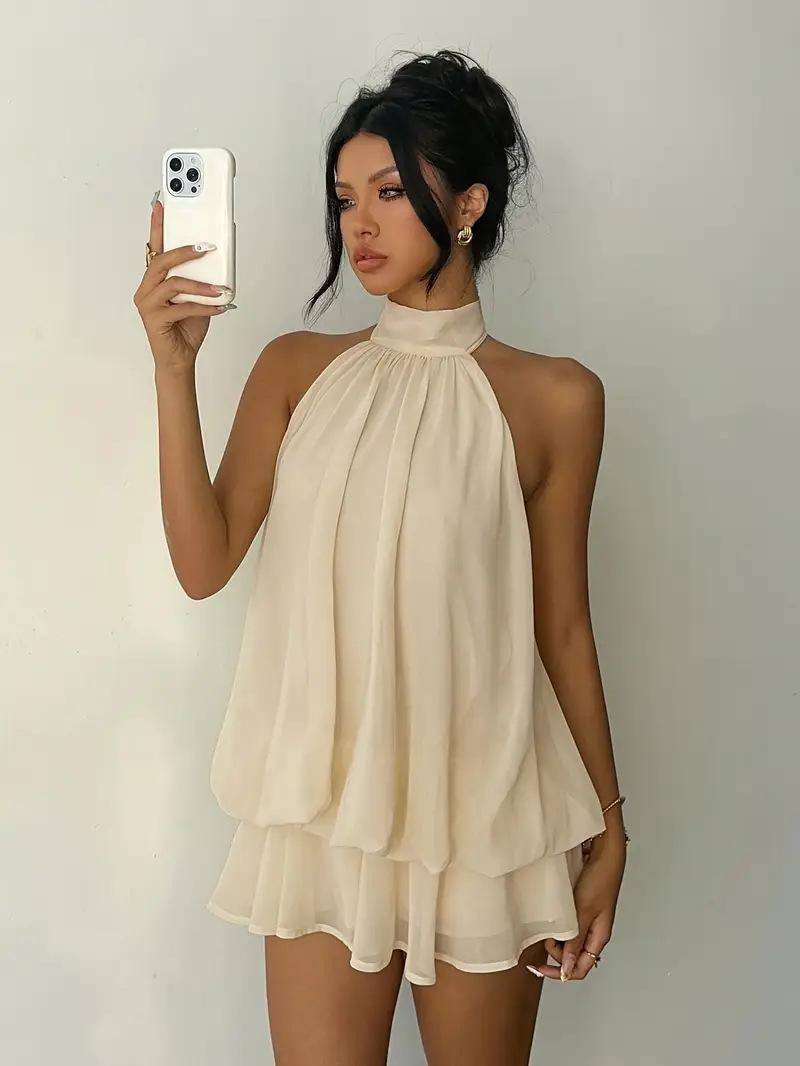 Holiday slim fit fashionable and sexy backless neck strap waist versatile solid color dress