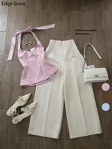2026 New Women's Casual Long Pants Two-Piece Set, Halter Top Colorblock, Fashionable Ladies' Clothing, No Additional Accessories Included